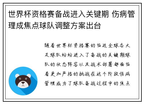 世界杯资格赛备战进入关键期 伤病管理成焦点球队调整方案出台 世界杯资格赛备战进入关键期 伤病管理成焦点球队调整方案出台