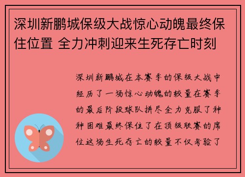 深圳新鹏城保级大战惊心动魄最终保住位置 全力冲刺迎来生死存亡时刻
